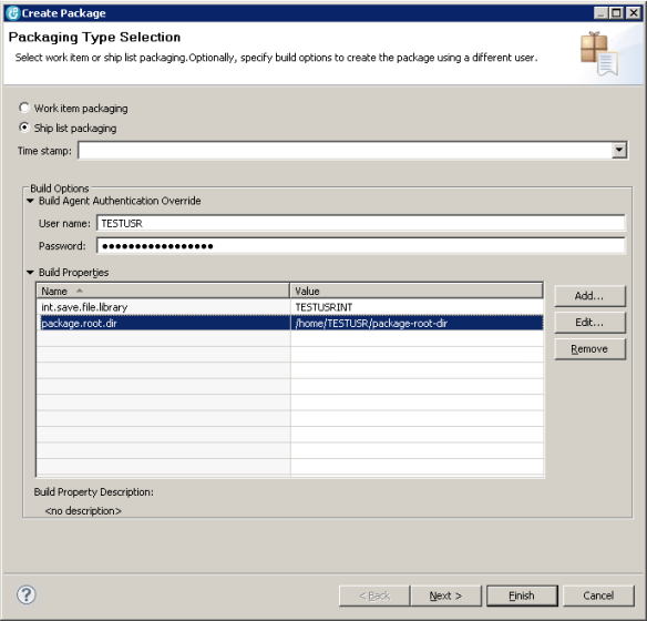 Example of Create Package Dialog for Personal Package